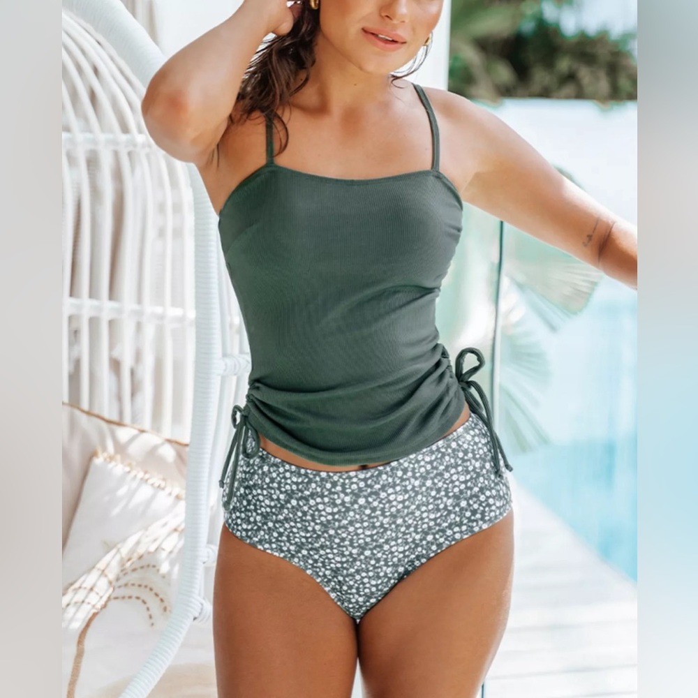 Cupshe Women's Rib Ruched Drawstring High Waist Tankini Set